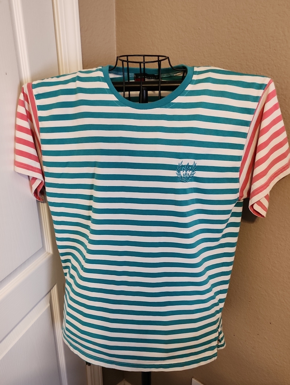 Vintage Striped Teal & White Tee with Pink Striped Sleeves